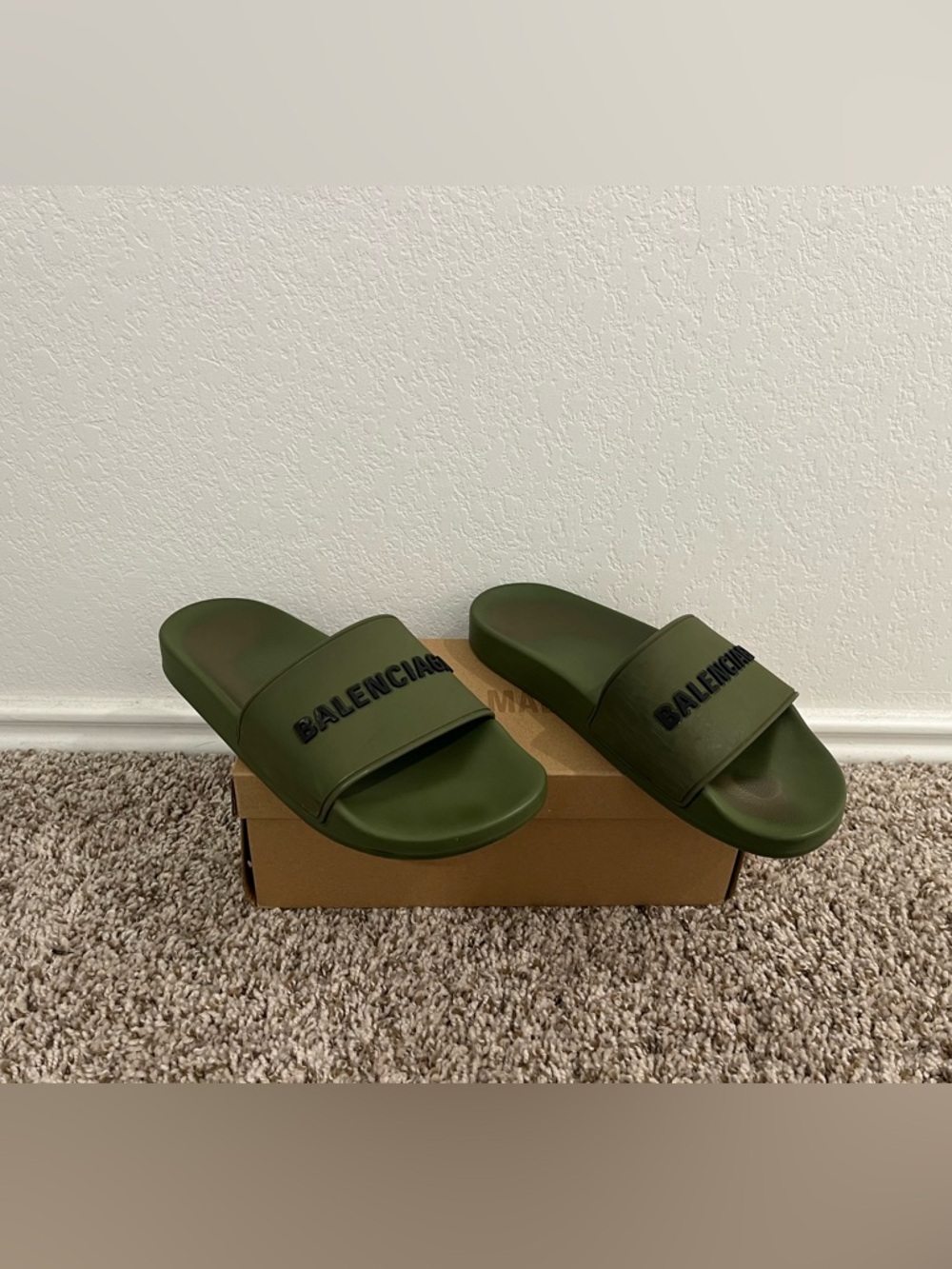 Balenciaga Olive Green Rubber Logo Slides with Black Lettering